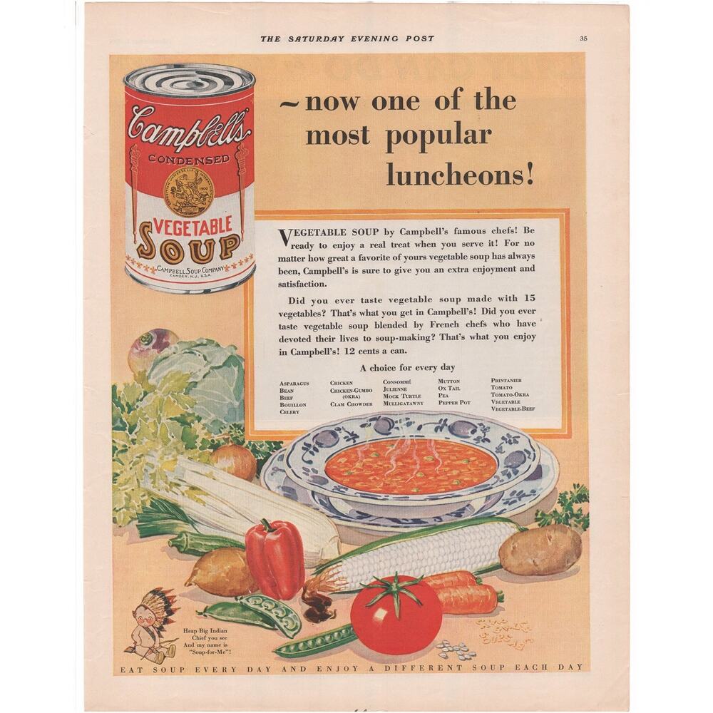 Campbells Vegetable Soup Magazine Advertisement 1929 Vintage Tomato Corn Indian
